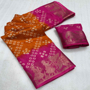 Classic Orange & Pink Bandhani Printed Dola Silk Saree With Weaving Jacquard Border