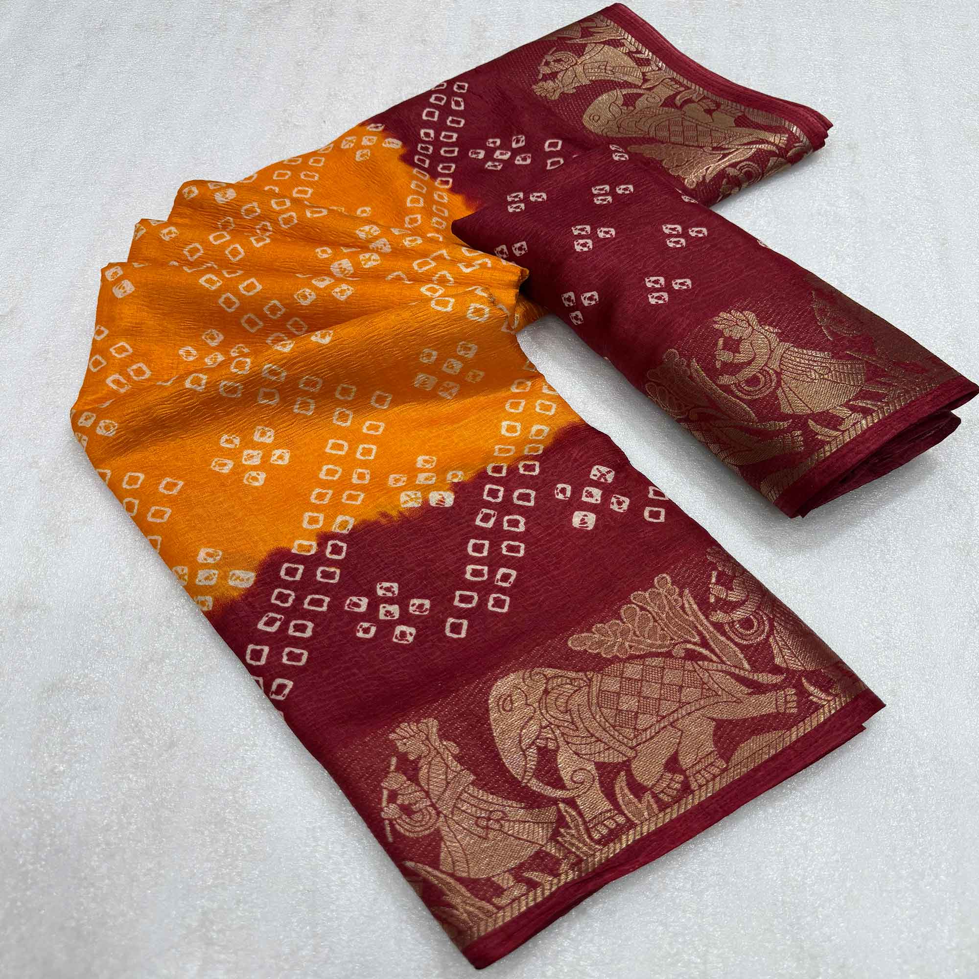 Classic Bright Orange & Maroon Bandhani Printed Dola Silk Saree With Weaving Jacquard Border
