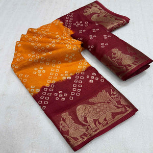 Classic Bright Orange & Maroon Bandhani Printed Dola Silk Saree With Weaving Jacquard Border