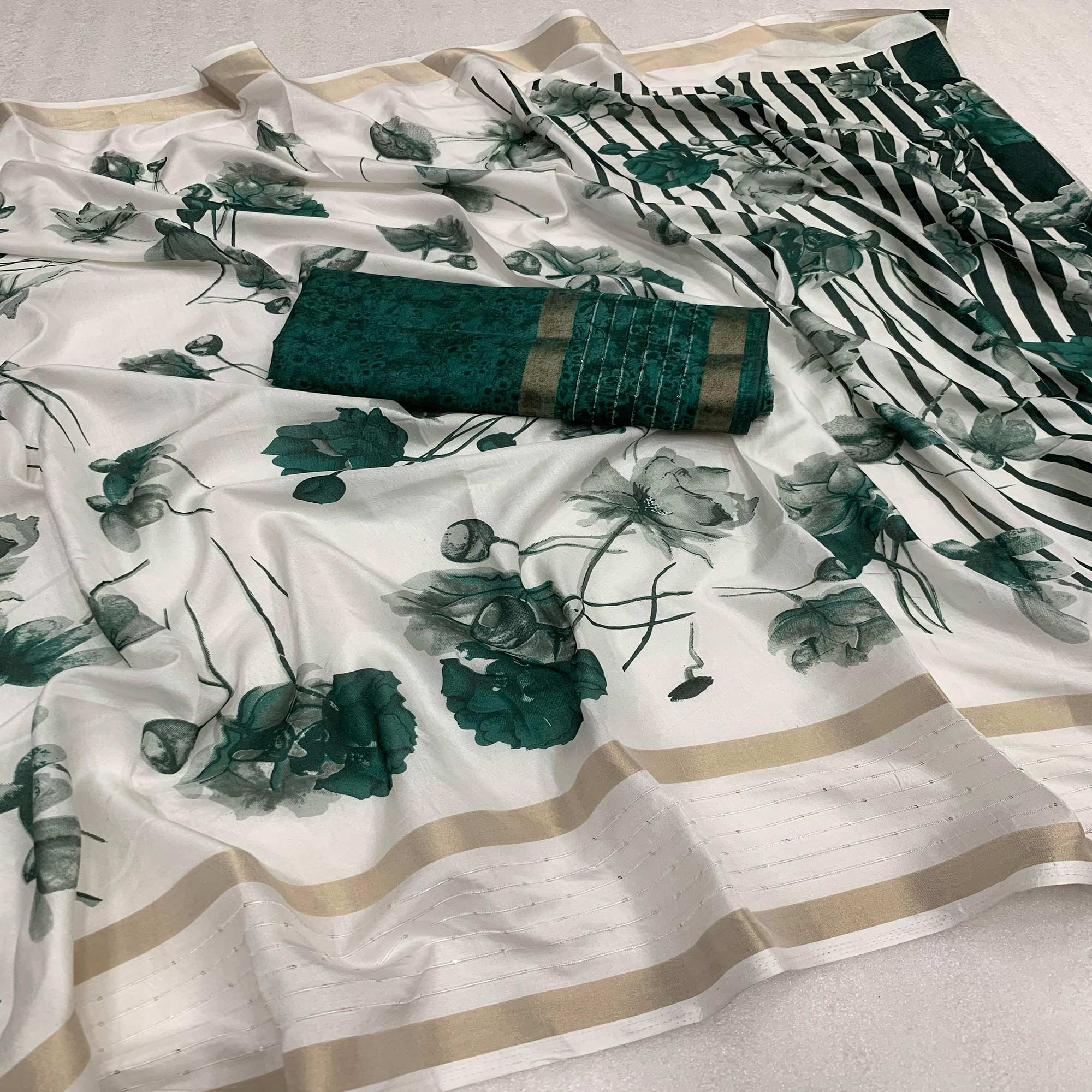 White & Bottle Green Floral Printed Dola Silk Saree With Sequins Border