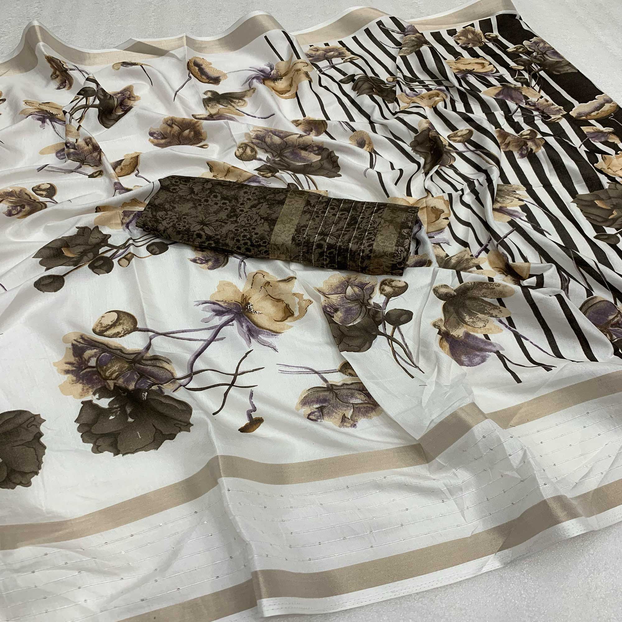 White & Brown Floral Printed Dola Silk Saree With Sequins Border