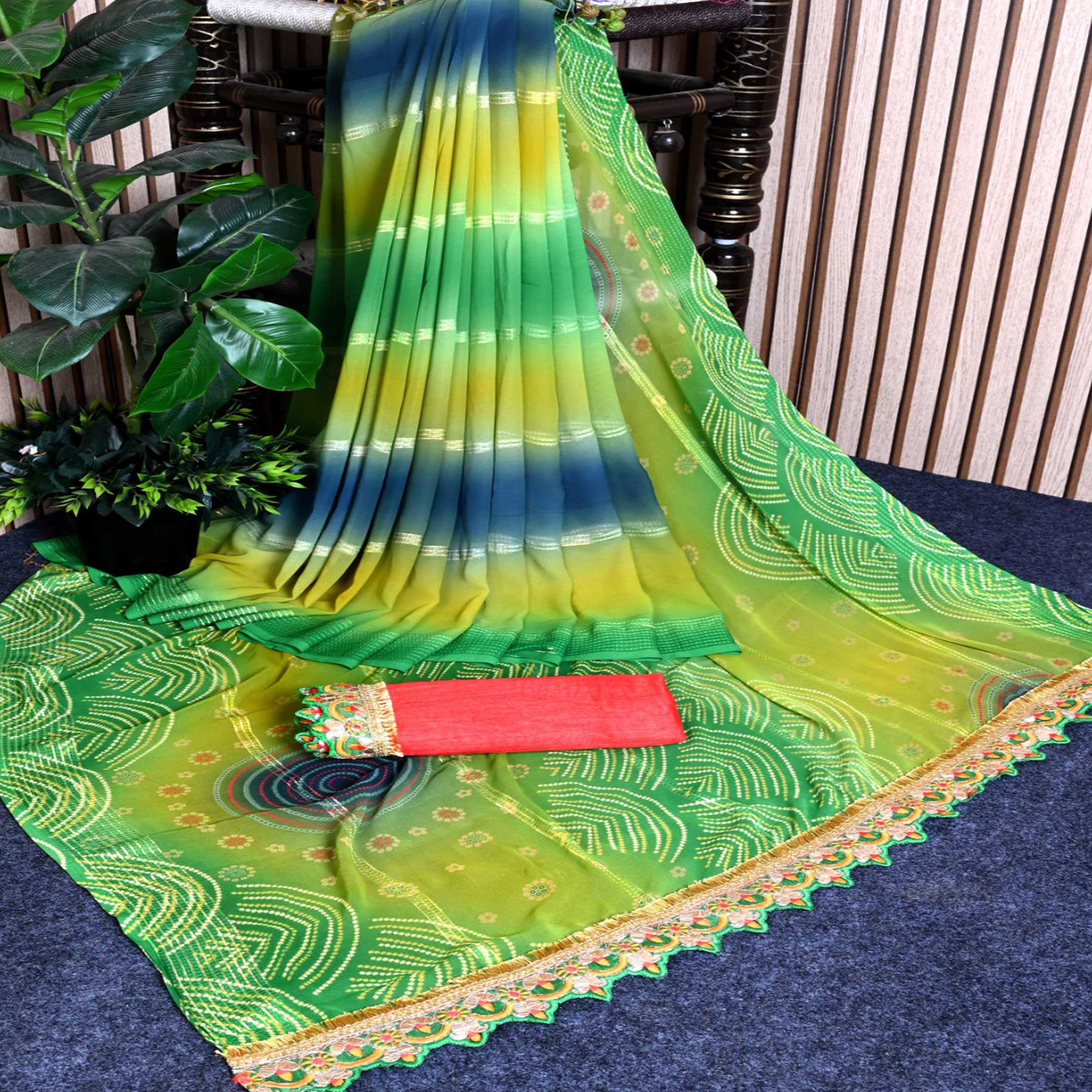 Green Bandhani Printed Georgette Saree With Zari Border