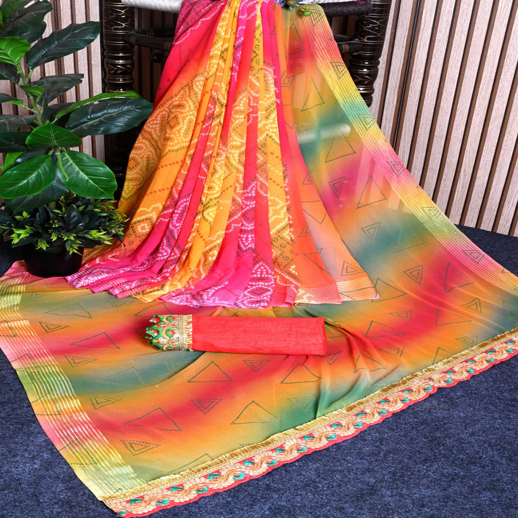 Yellow & Pink Bandhani Printed Georgette Saree With Zari Border