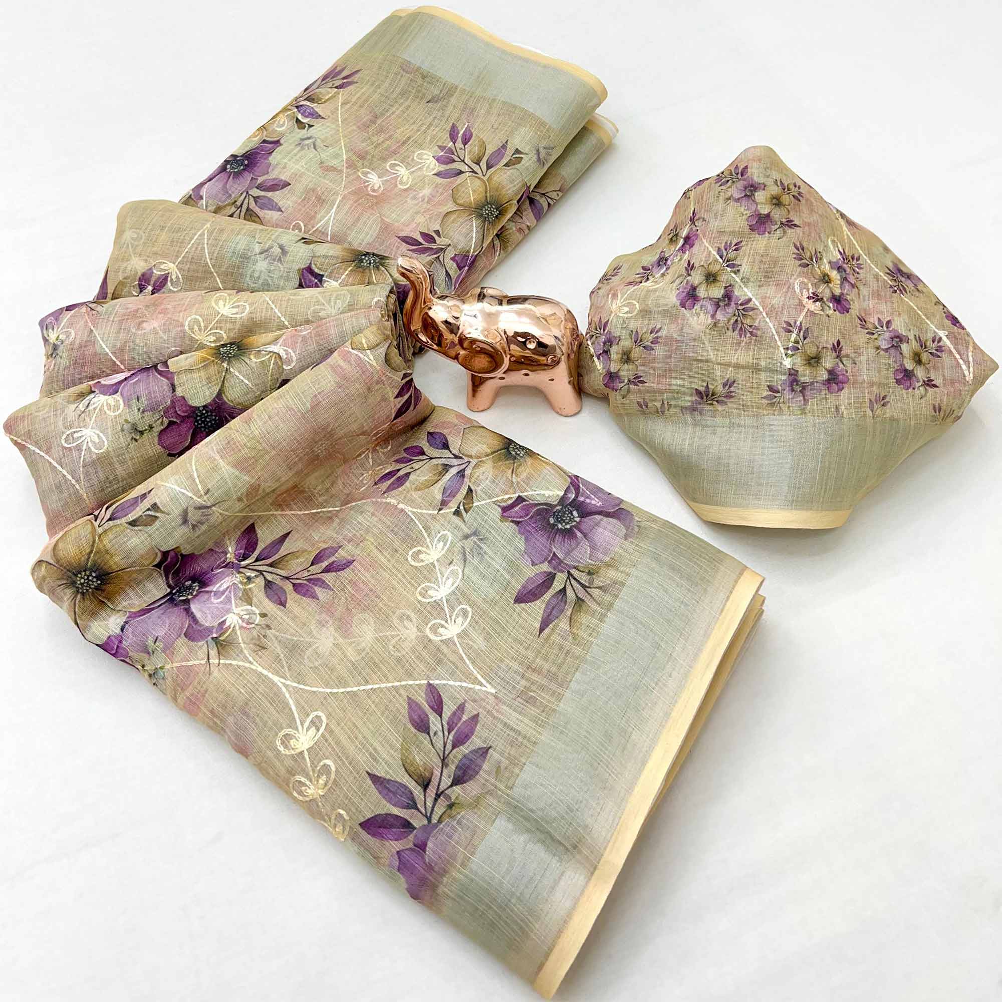 Beautiful Light Beige Floral Printed Saree in Lightweight Soft Linen Fabric