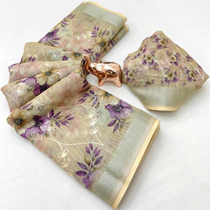 Beautiful Light Beige Floral Printed Saree in Lightweight Soft Linen Fabric