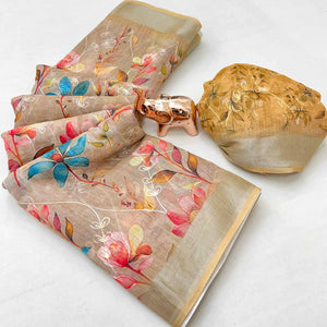 Beautiful Beige Floral Printed Saree in Lightweight Soft Linen Fabric