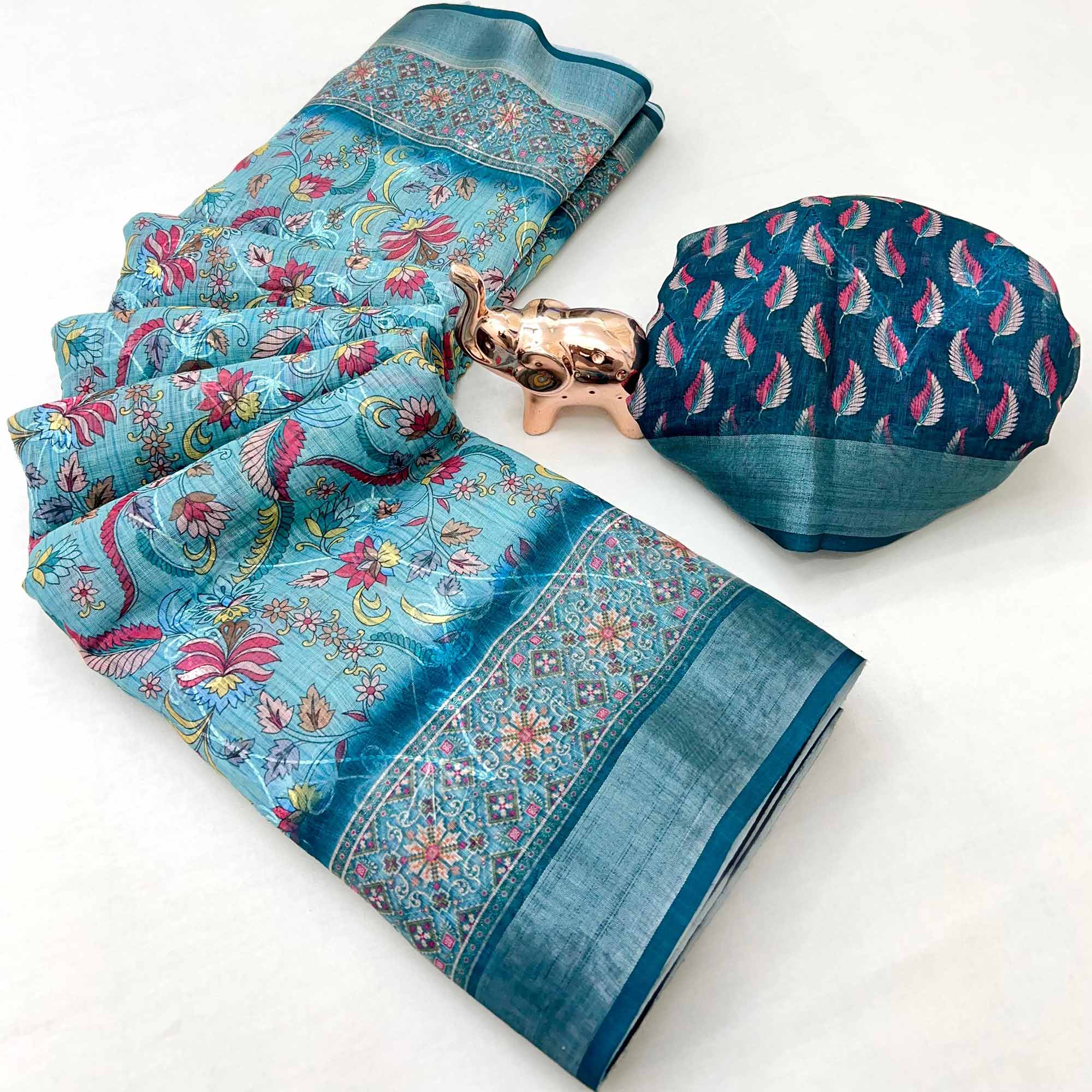 Beautiful Dark Teal Floral Printed Saree in Lightweight Soft Linen Fabric