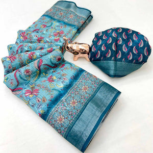 Beautiful Dark Teal Floral Printed Saree in Lightweight Soft Linen Fabric