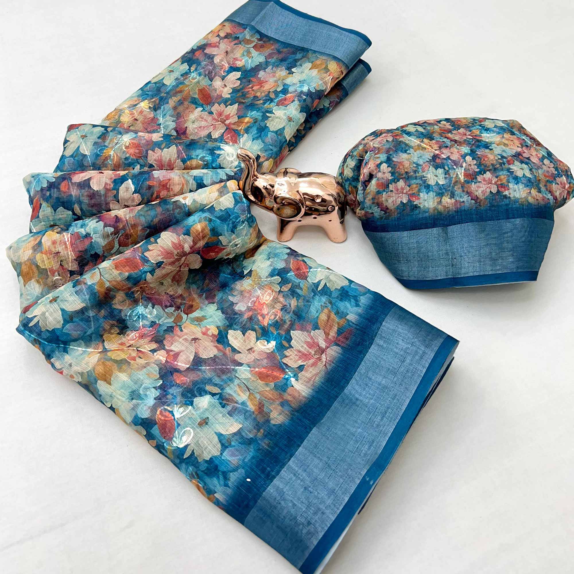 Beautiful Light Blue Floral Printed Saree in Lightweight Soft Linen Fabric