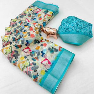 Beautiful Mint Green Floral Printed Saree in Lightweight Soft Linen Fabric