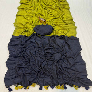Charming Green & Navy Blue Solid Handwoven Pure Mul Cotton Saree With Tassel Pallu