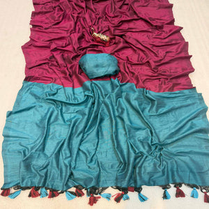 Charming Magenta & Aqua Blue Solid Handwoven Pure Mul Cotton Saree With Tassel Pallu