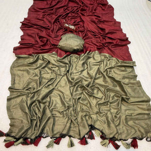 Charming Maroon & Chikoo Solid Handwoven Pure Mul Cotton Saree With Tassel Pallu