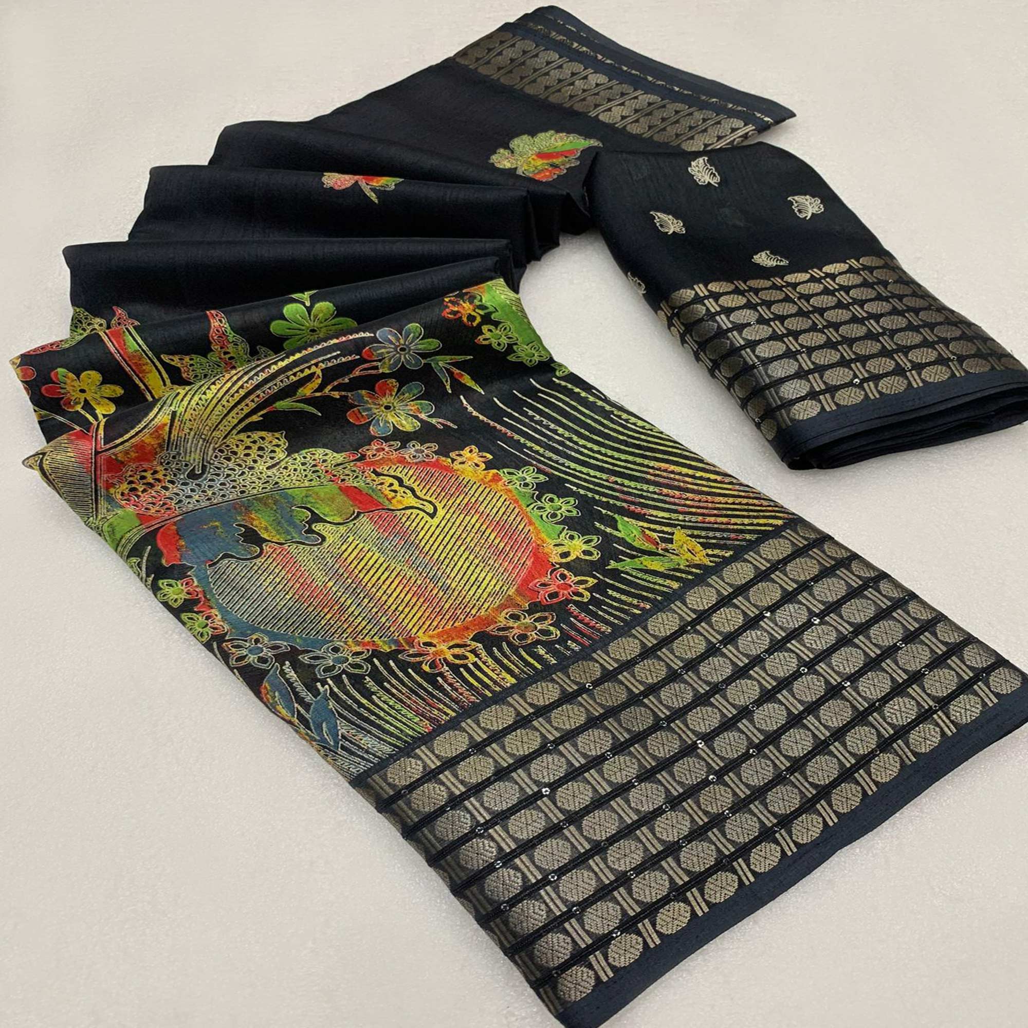 Black Printed Dola Silk Saree With Sequins Border