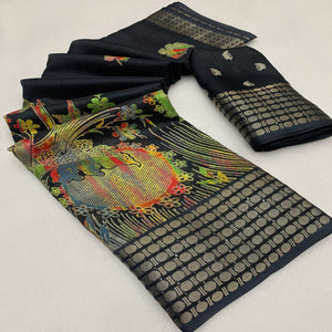 Black Printed Dola Silk Saree With Sequins Border