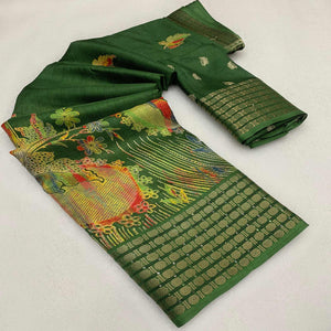 Green Printed Dola Silk Saree With Sequins Border
