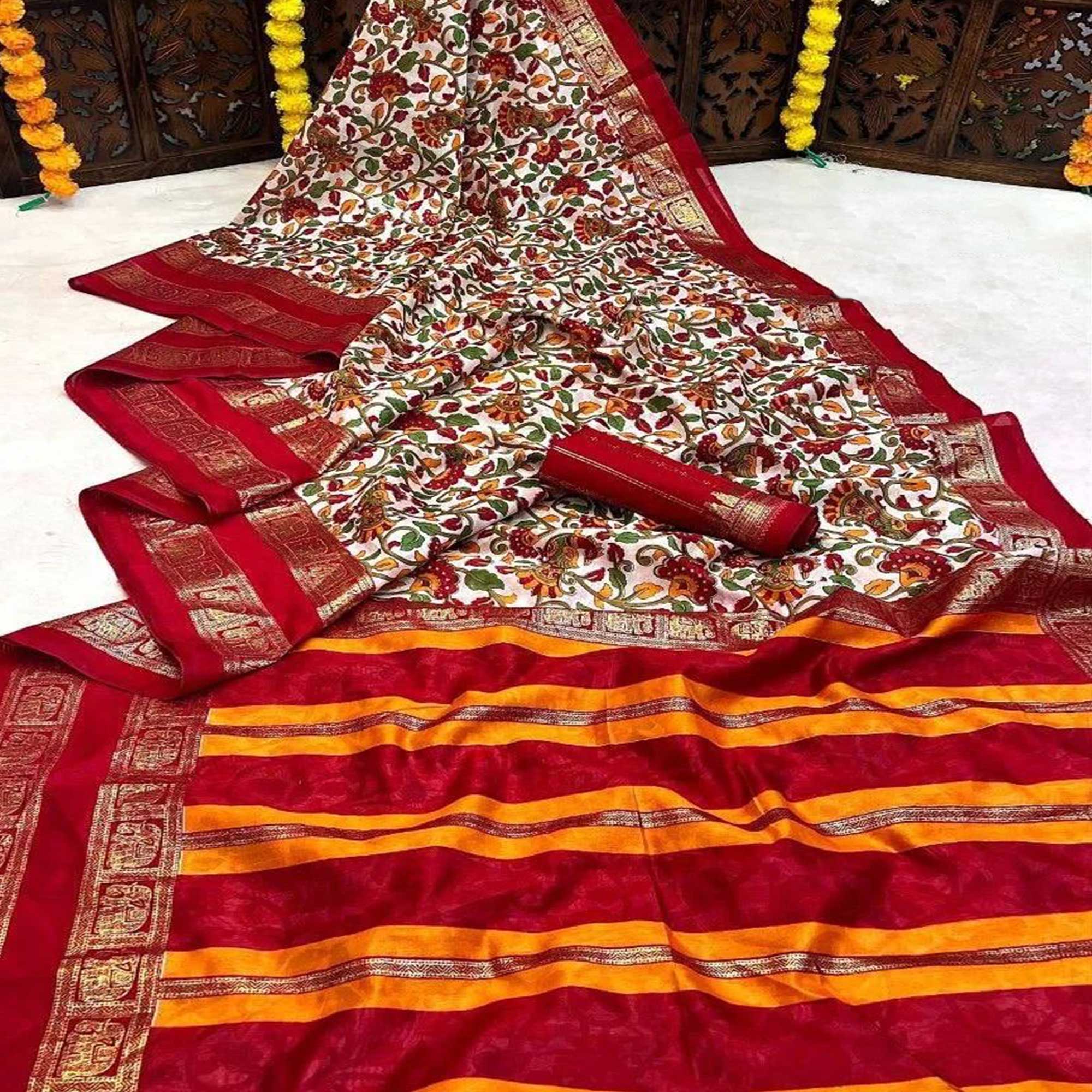 Off White kalamkari With Foil Printed Border Dola Silk Saree