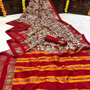 Off White kalamkari With Foil Printed Border Dola Silk Saree