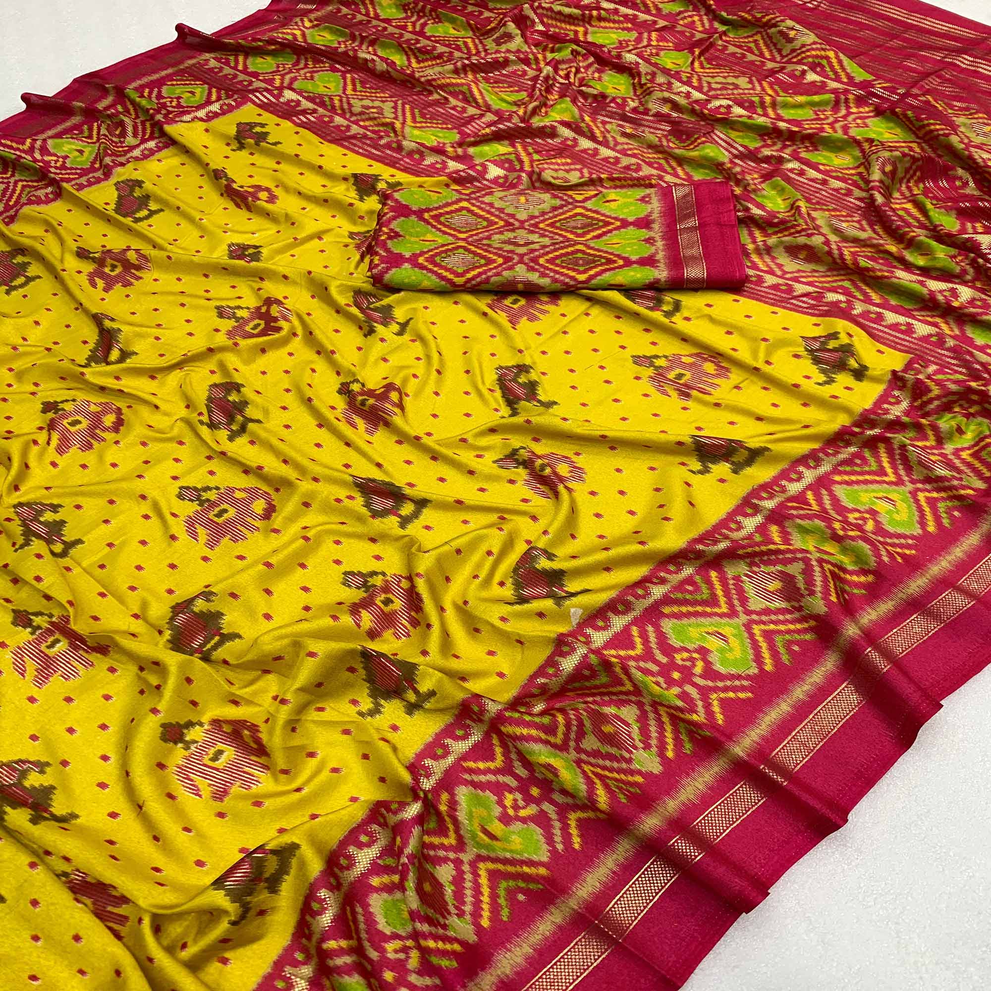 Yellow & Pink Patola Printed Dola Silk Saree