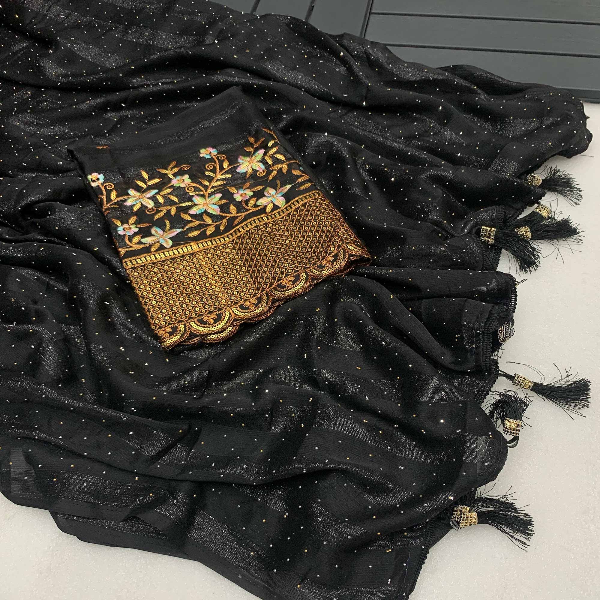 Black Woven Swaroski Work Georgette Saree With Tassels