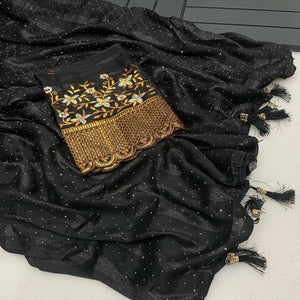 Black Woven Swaroski Work Georgette Saree With Tassels