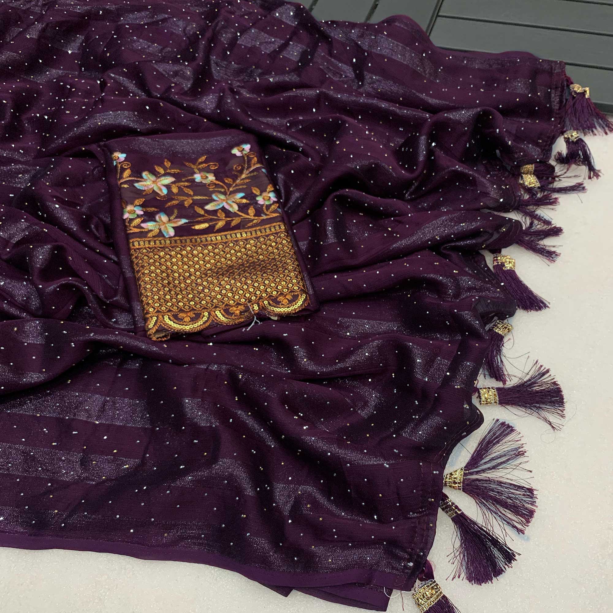 Wine Woven Swaroski Work Georgette Saree With Tassels