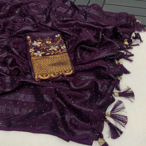 Wine Woven Swaroski Work Georgette Saree With Tassels