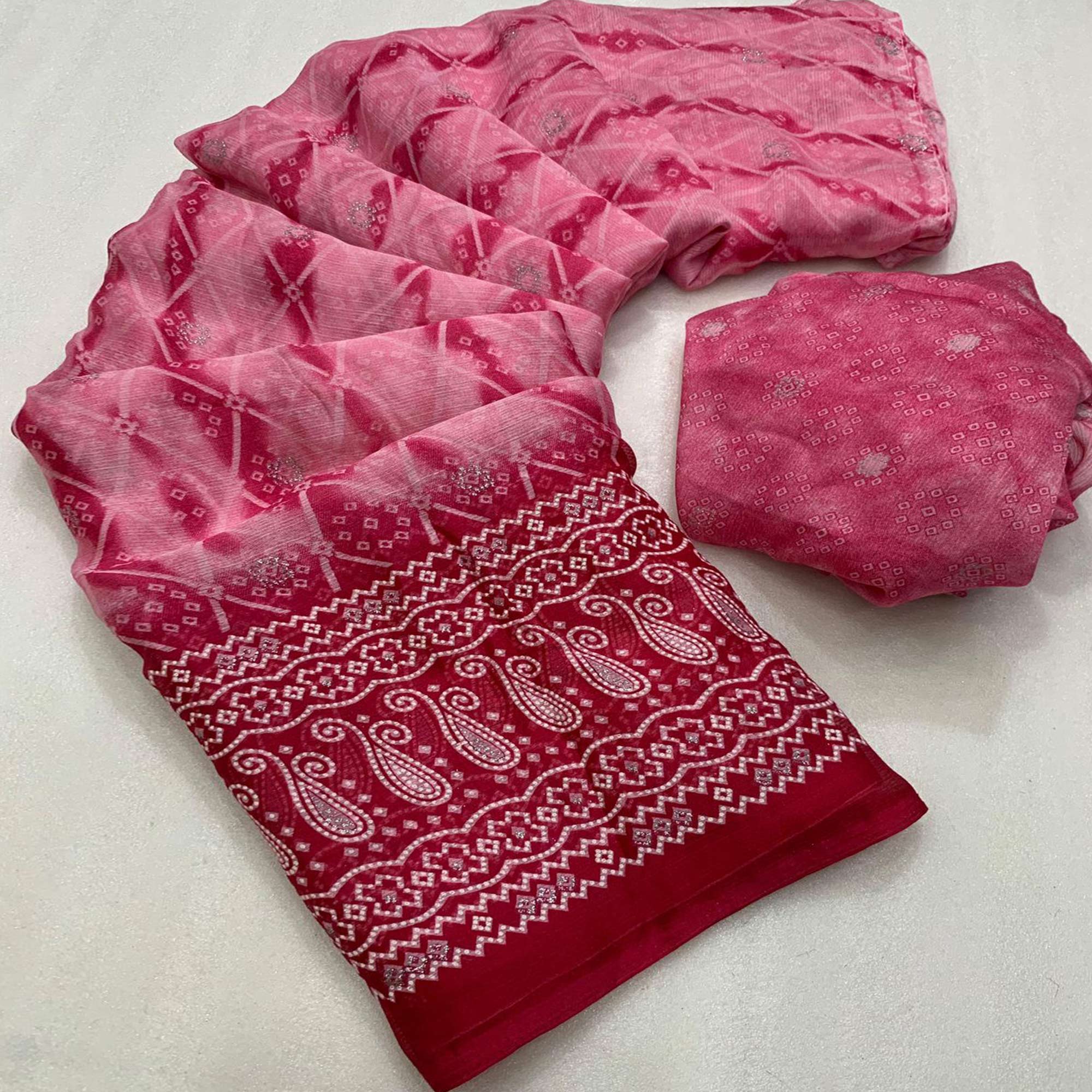 Pink Shibori Foil Printed Chiffon Saree