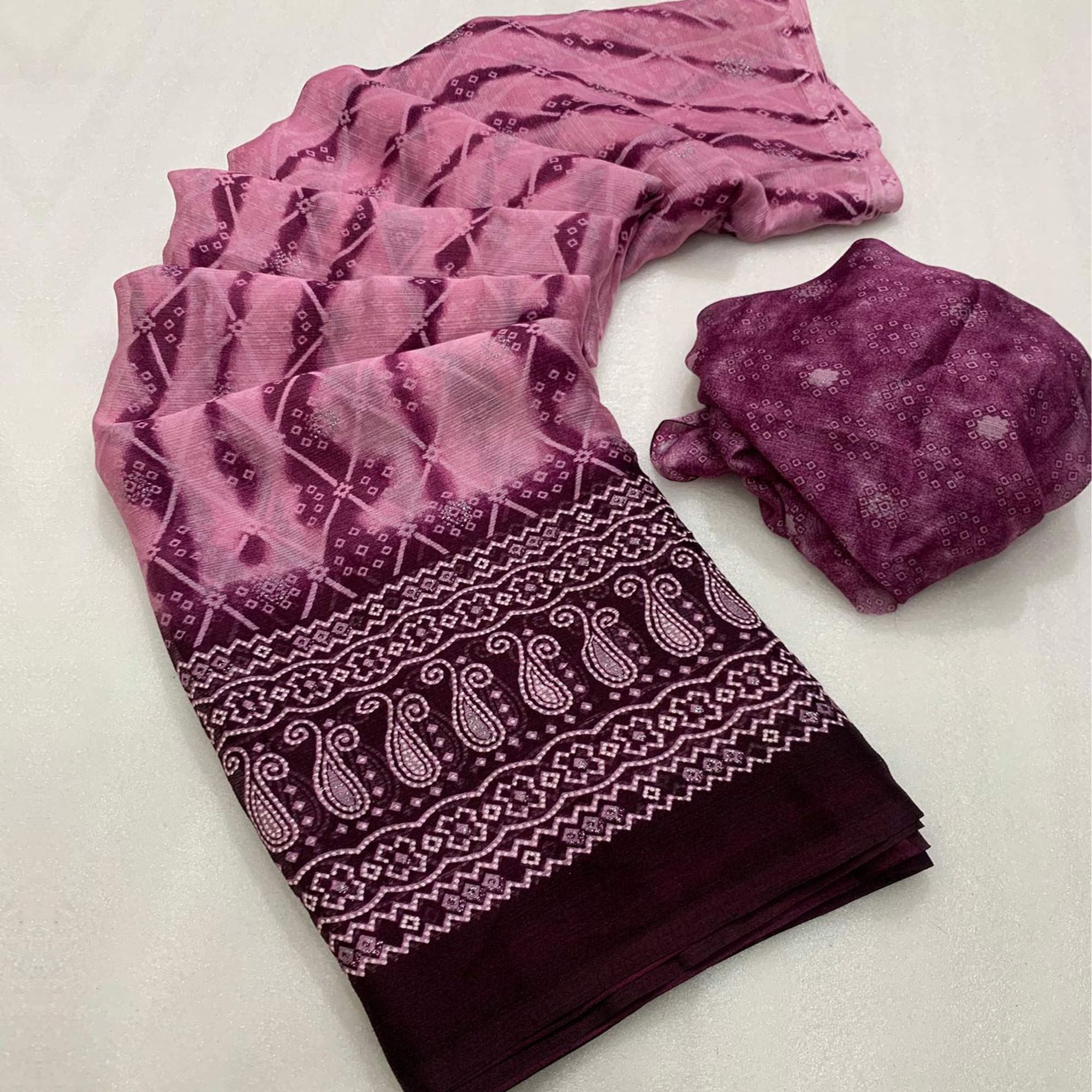 Purple Shibori Foil Printed Chiffon Saree