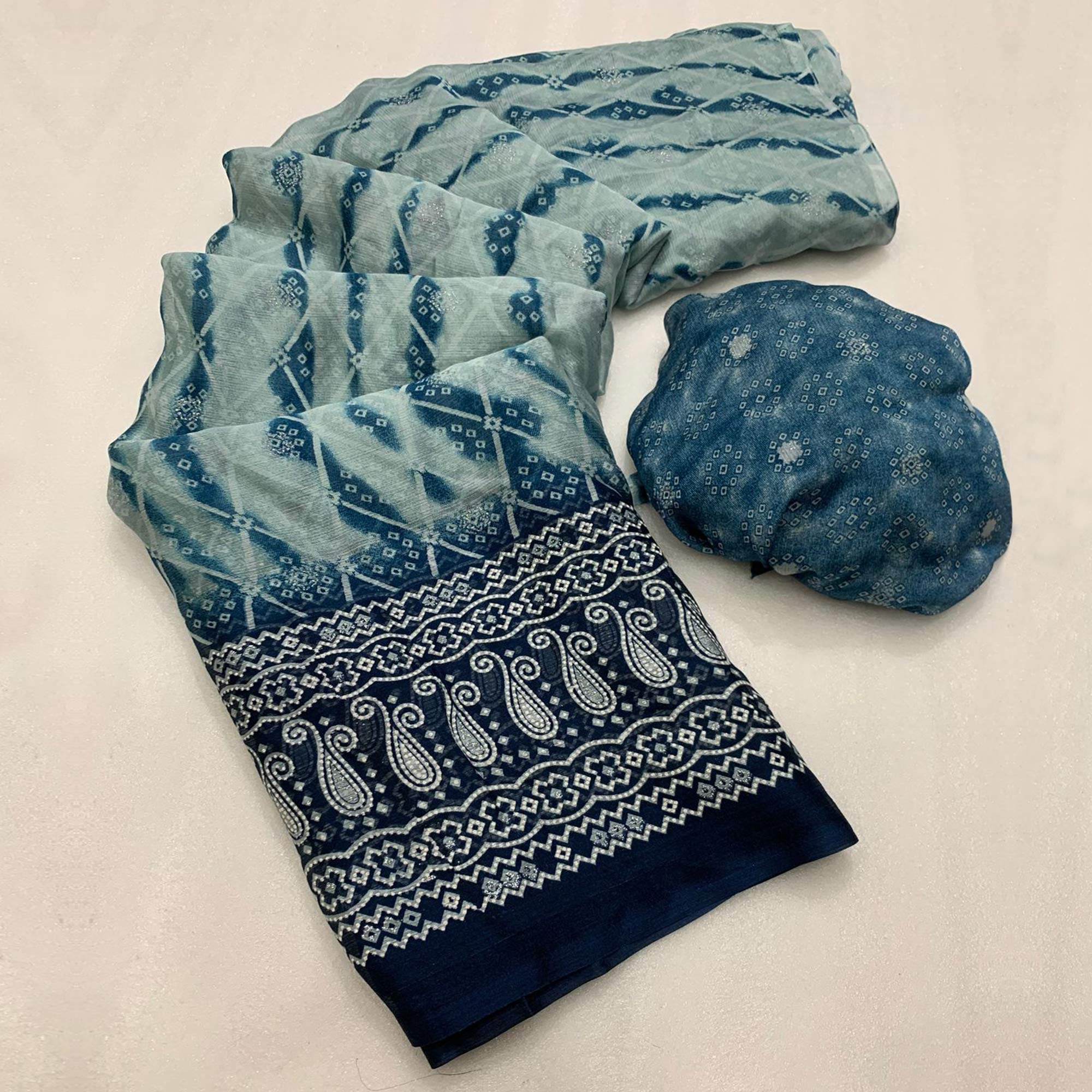 Teal Shibori Foil Printed Chiffon Saree