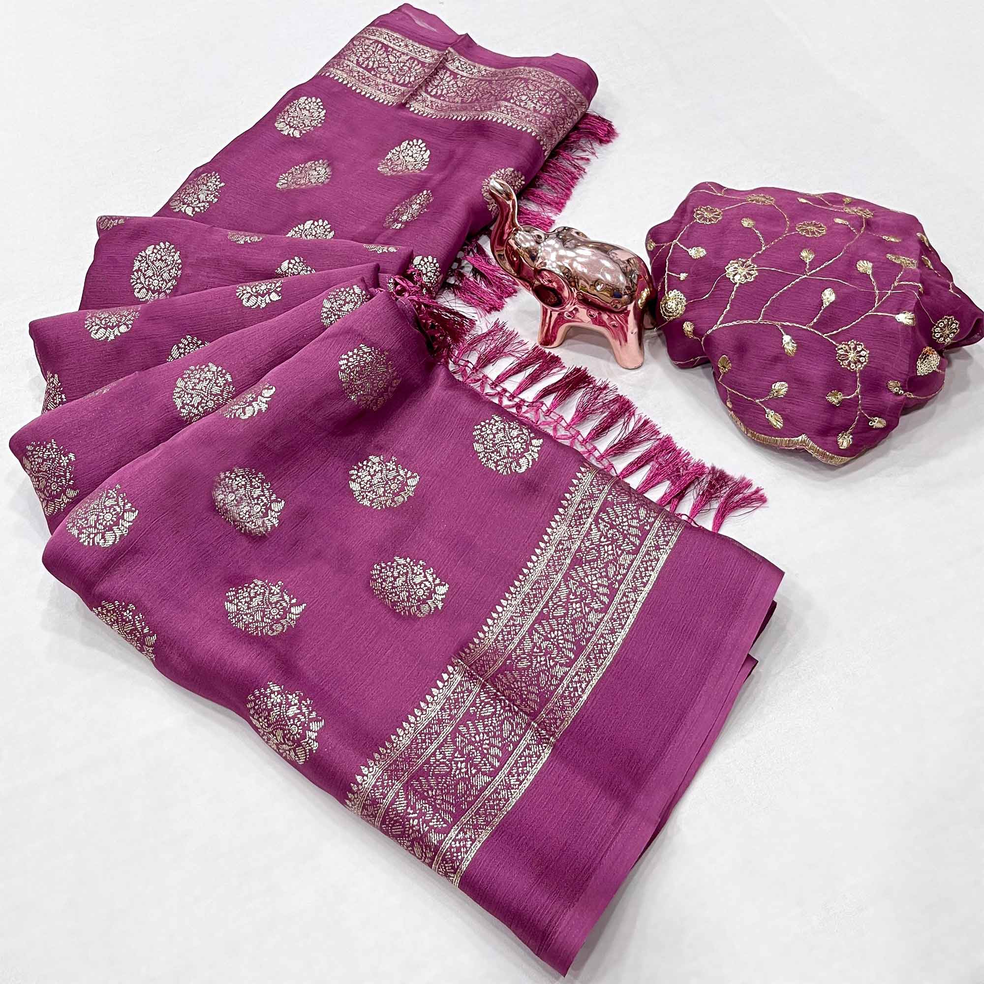 Elegant Dark Magenta Foil Floral Printed Georgette Saree With Tassel Detailing Pallu
