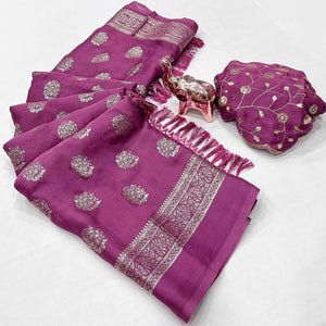 Elegant Dark Magenta Foil Floral Printed Georgette Saree With Tassel Detailing Pallu