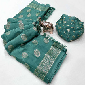Elegant Dusty Teal Foil Floral Printed Georgette Saree With Tassel Detailing Pallu