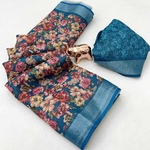 Pretty Blue Shimmer Cotton Saree With Floral Digital Print & Designer Zari Border
