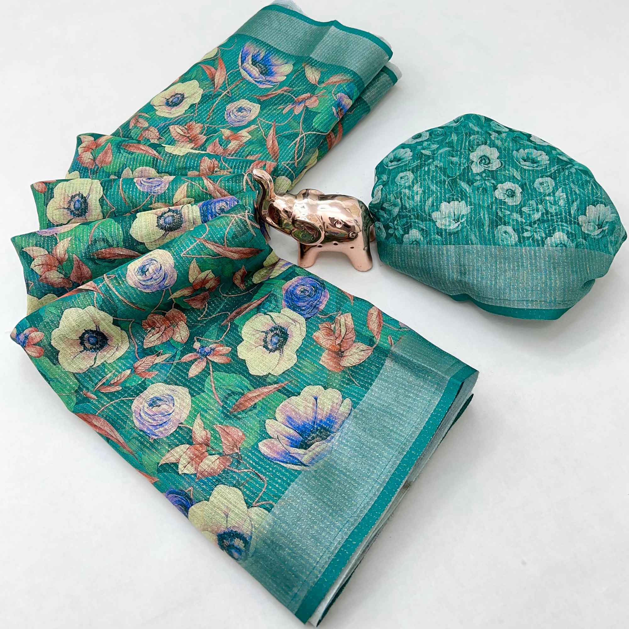 Pretty Green Shimmer Cotton Saree With Floral Digital Print & Designer Zari Border