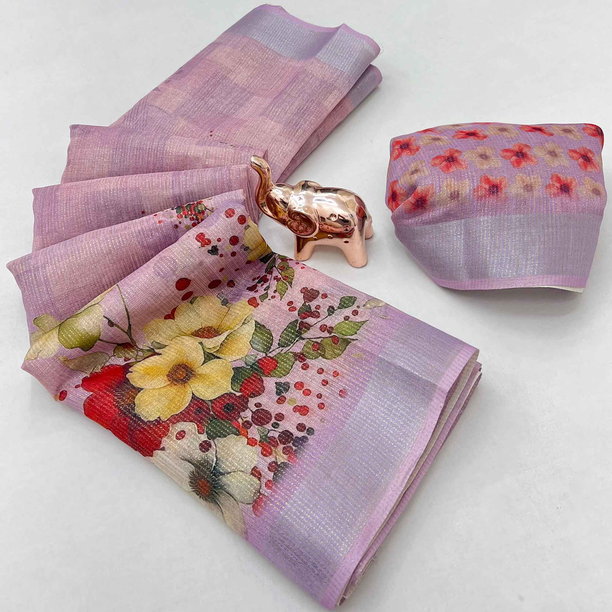Pretty Lavender Lilac Shimmer Cotton Saree With Floral Digital Print & Designer Zari Border