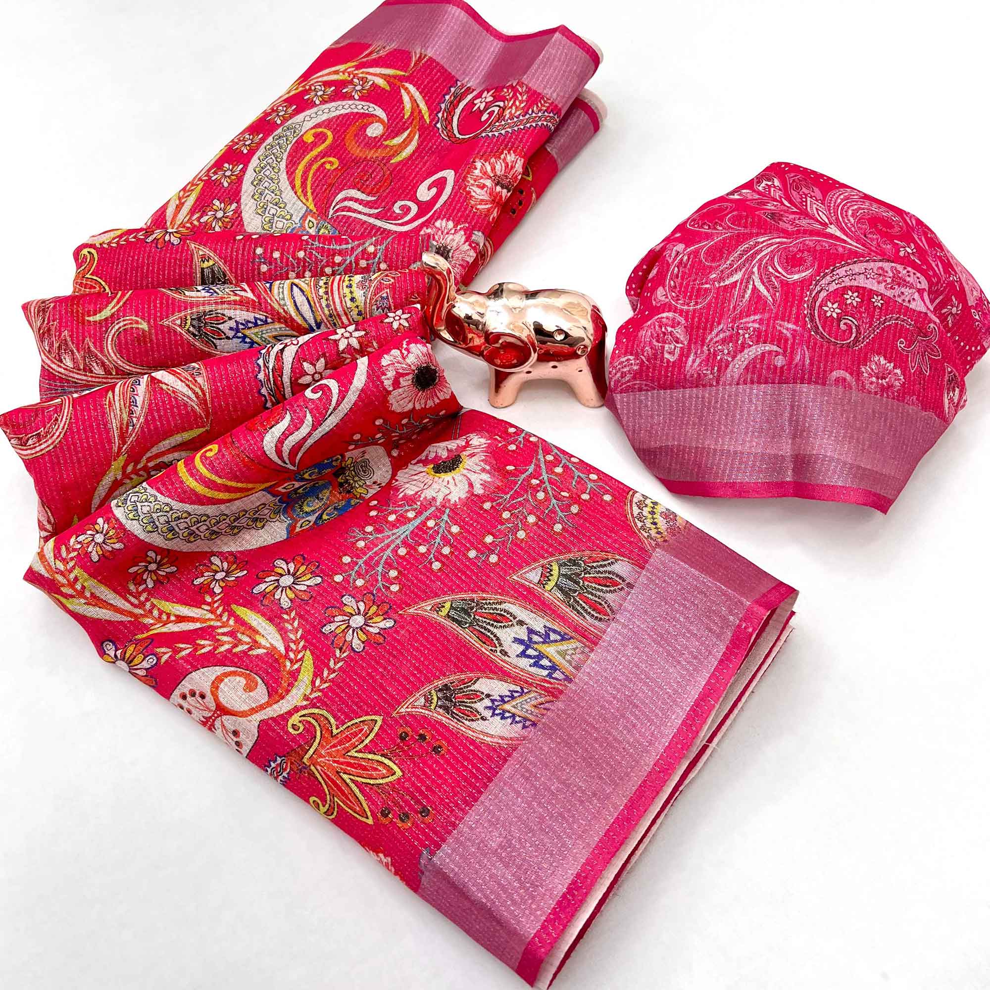 Pretty Rani Pink Shimmer Cotton Saree With Floral Digital Print & Designer Zari Border