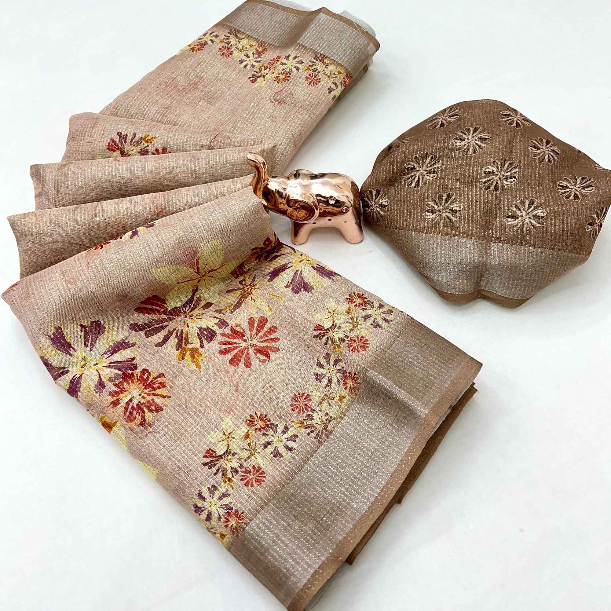 Pretty Sandy Beige Shimmer Cotton Saree With Floral Digital Print & Designer Zari Border