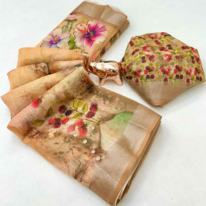 Pretty Warm Peach Shimmer Cotton Saree With Floral Digital Print & Designer Zari Border
