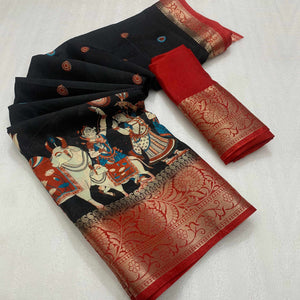 Black Digital Printed Dola Silk Saree With Woven Jacquard Border