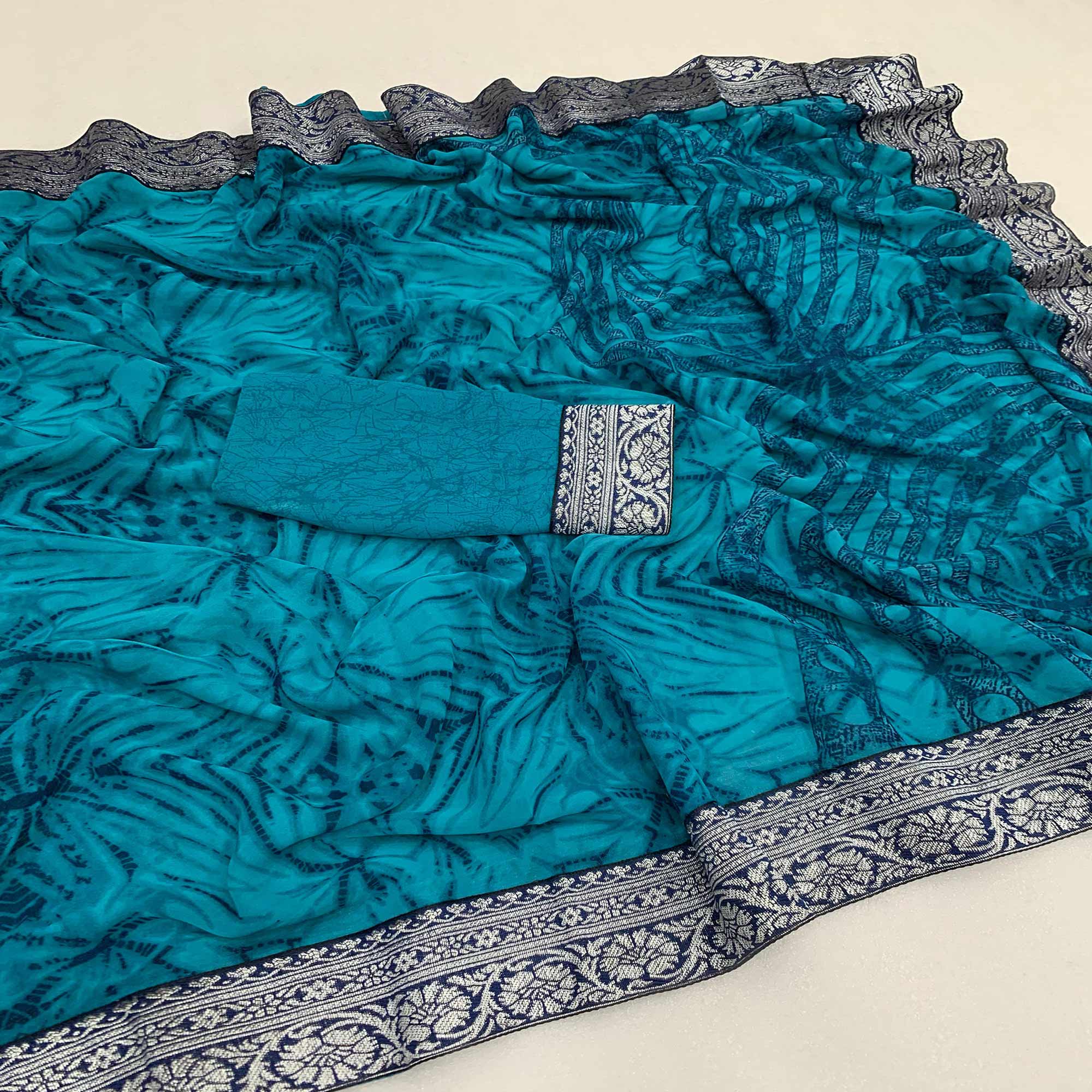 Rama Blue Shibori Printed Georgette Saree With Woven Border