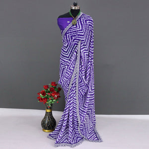 Violet Zig Zag Printed Georgette Saree With Sequins Embroidered Border