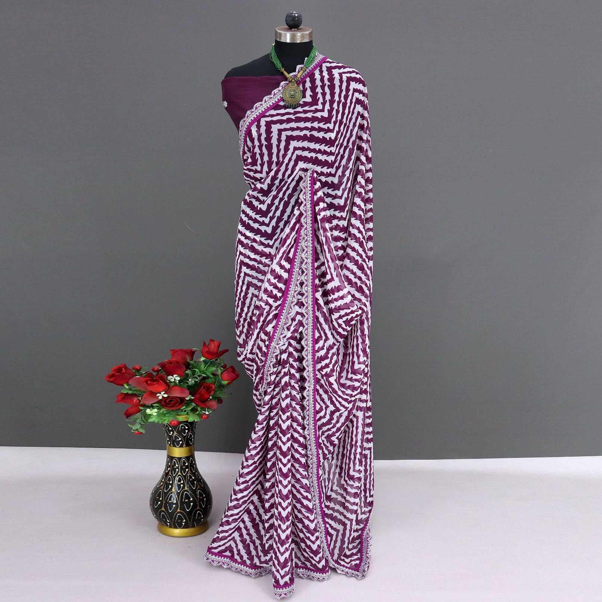 Wine Zig Zag Printed Georgette Saree With Sequins Embroidered Border