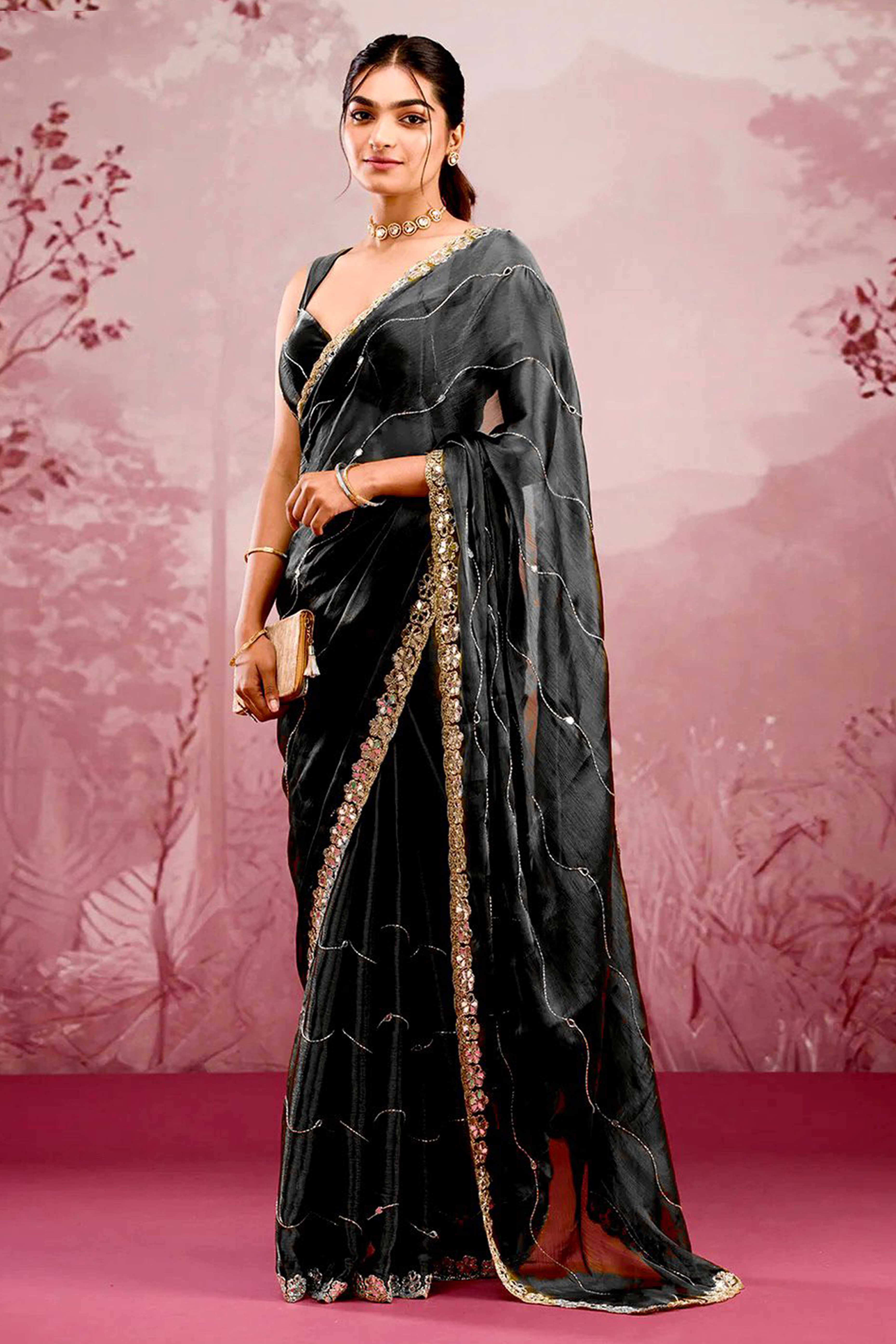 Black Art Silk Saree Highlighted with Embroidery & Mirror Detailing