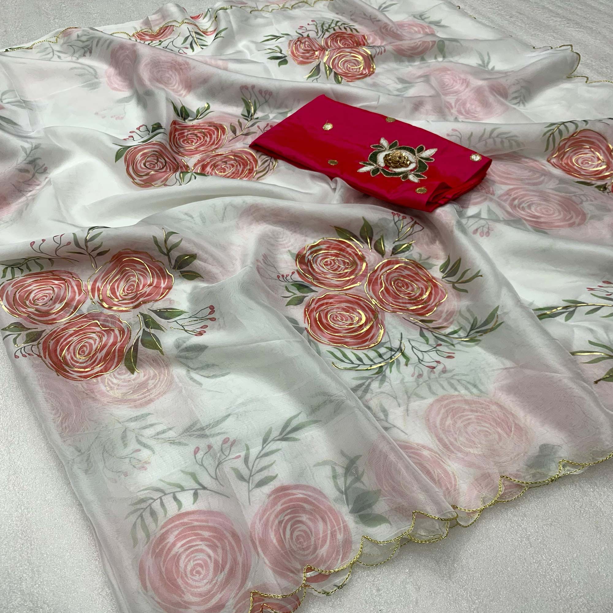 White Floral Foil Printed Organza Saree