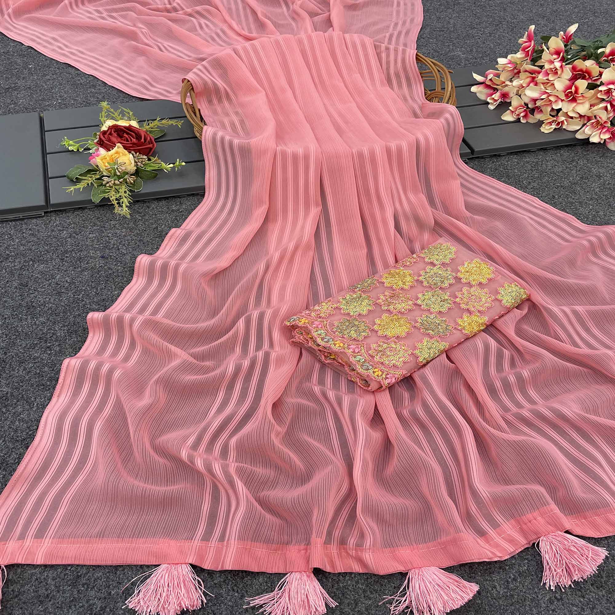 Peach Zari Striped Woven Georgette Saree