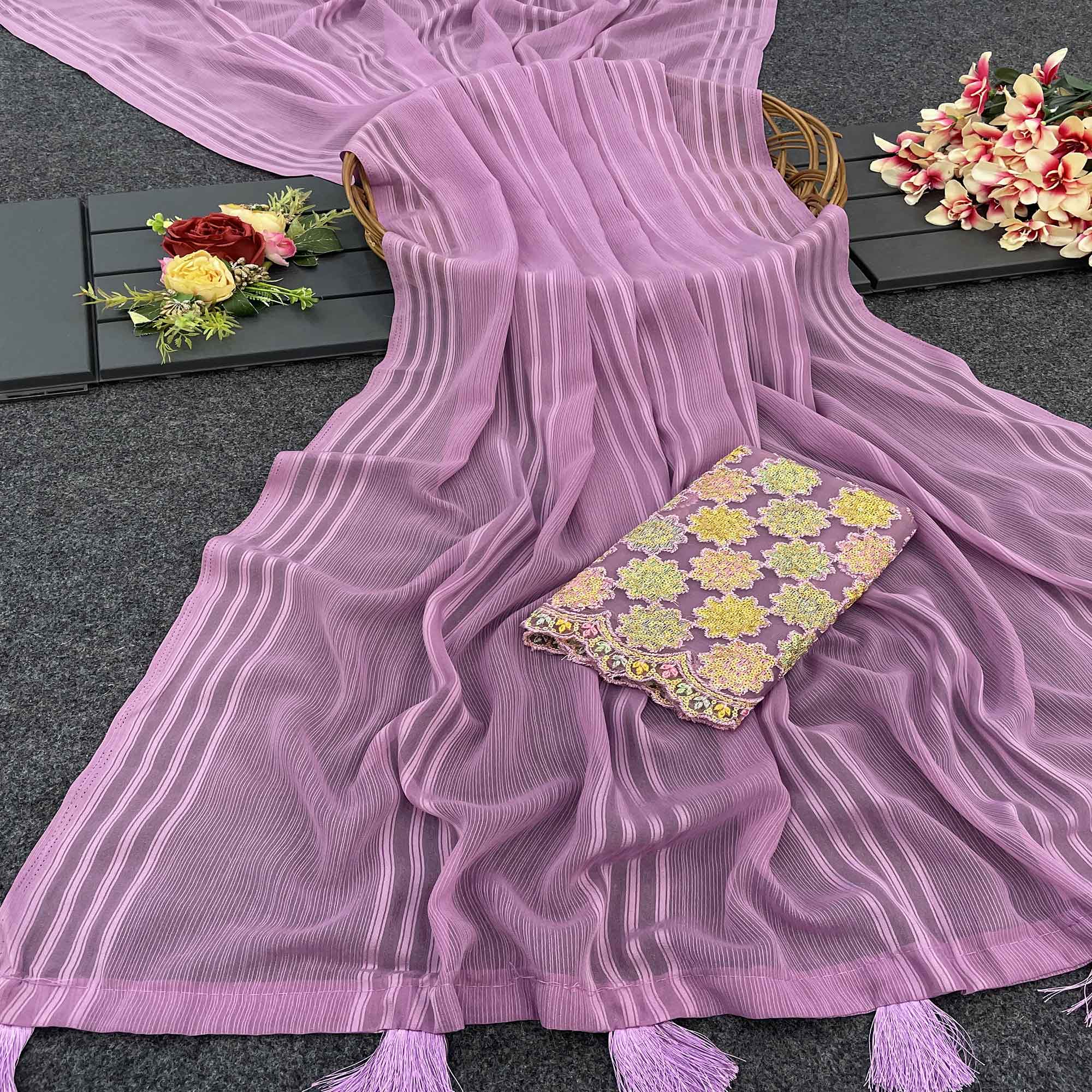 Purple Zari Striped Woven Georgette Saree