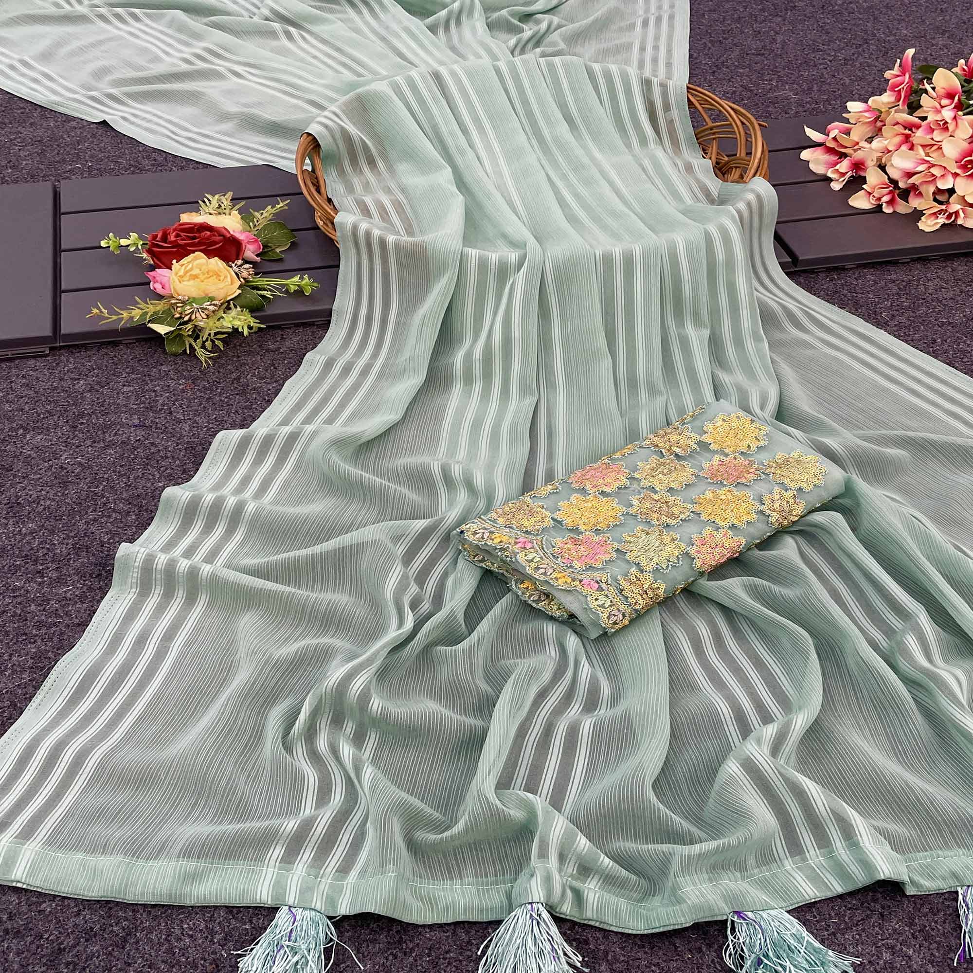 Sea Green Zari Striped Woven Georgette Saree