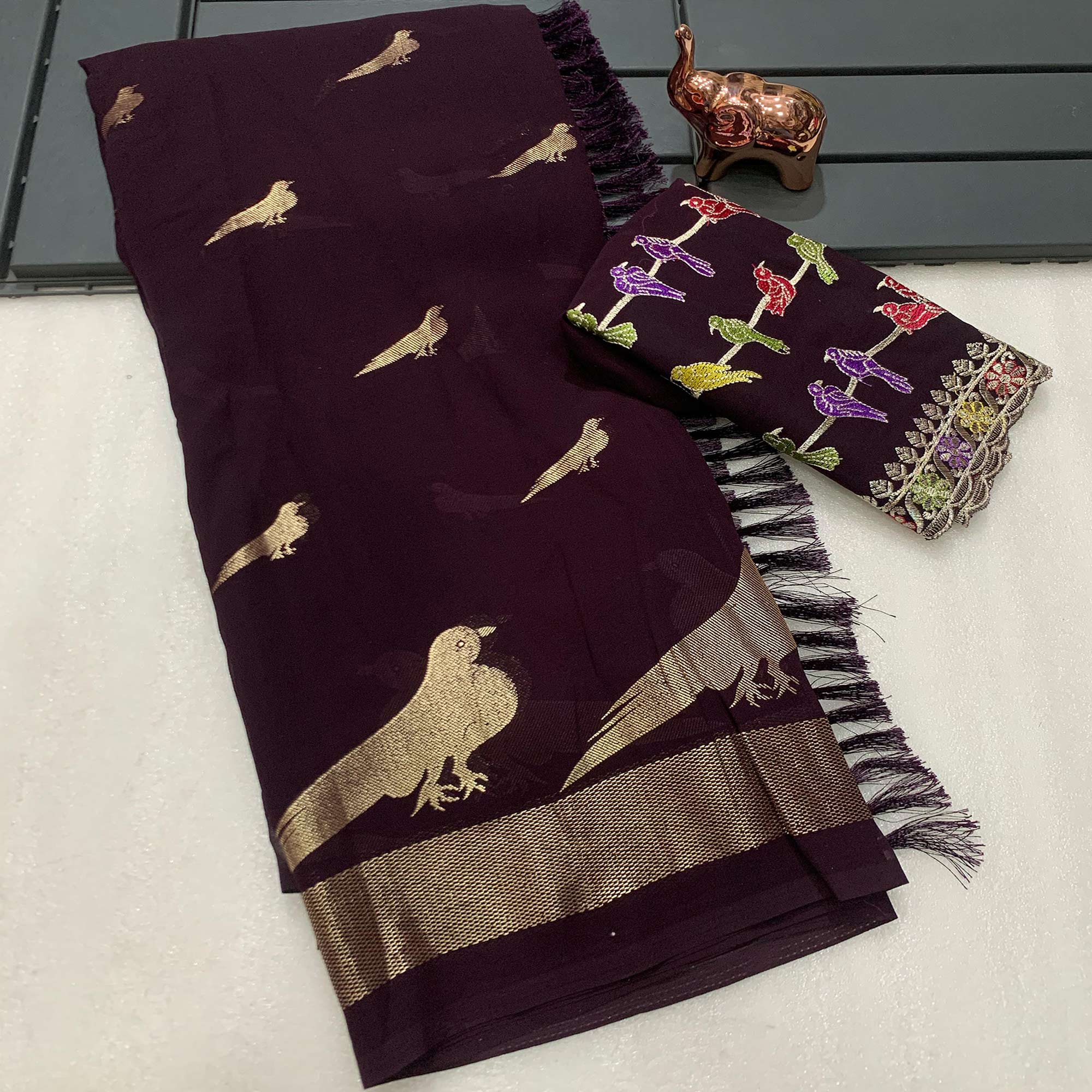 Wine Georgette Saree Adorned With Elegant Bird Embroidery