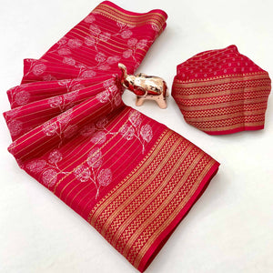 Elegant Cherry Red Floral & Striped Pattern Zari Weaving Dola Silk Saree